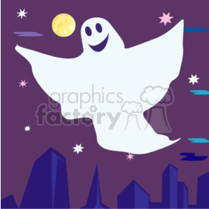 The clipart image features a stylized depiction of a friendly-looking ghost hovering above a city skyline at night. There is a full moon and stars in the background, adding to the Halloween theme. The color scheme consists of purples and blues, creating a whimsical nighttime atmosphere.
