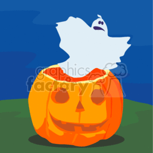The clipart image features a Halloween themed scene with a carved pumpkin that has a smiling jack-o'-lantern face. Emerging from the top of the pumpkin is a ghost with a surprised expression. The background is a dark blue, suggesting a night setting, and there is a green surface that the pumpkin is sitting on, which could be grass.