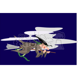   The clipart image depicts a classic Halloween-themed scene featuring a cartoon witch flying on her broomstick. The witch wears a traditional pointed witch