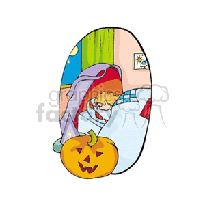 A clipart image of a person sleeping in bed with a Halloween pumpkin on the floor. The pumpkin has a carved face and is wearing a witch hat.