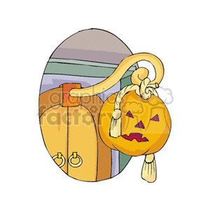 Halloween-themed clipart featuring a carved pumpkin hanging on a door handle.