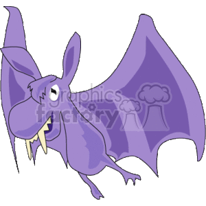 The image shows a cartoon illustration of a purple bat with large wings, pointy ears, and sharp fangs.