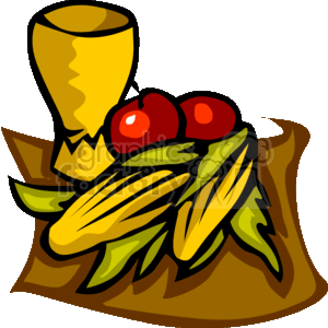 This clipart image features items commonly associated with the celebration of Kwanzaa. These items include a yellow goblet, which could represent the Unity Cup (Kikombe cha Umoja), a cornerstone of the Kwanzaa ceremony where family and friends share libations to reinforce unity. Additionally, there are red fruits that resemble apples, which can symbolize the crops (mazao), reflecting work, productivity, and the rewards of the harvest. The image also features green vegetables or perhaps ears of corn, which could be a representation of corn (muhindi), a traditional symbol for fertilizing the future with children and hope. Lastly, they are all displayed on a brown mat, reminiscent of a straw mat (mkeka), which represents tradition and history and is used as the foundation for placing other symbols.