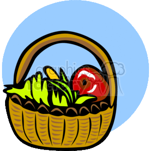 The image is a colorful clipart depicting a woven basket filled with fruit. The fruits visible on the top include something like a banana and an apple. The basket appears to be handcrafted, indicating a sense of tradition or cultural craft. The background is a simple blue circle, possibly to highlight the subject of the image. The keywords suggest that this image is related to Kwanzaa, a celebration of African-American culture and heritage.