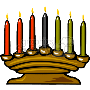 The clipart image shows a Kinara, which is the candle holder used during the Kwanzaa holiday. It holds seven candles, known as the Mishumaa Saba. There are three red candles on the left, representing the struggles faced, one black candle in the center, representing the African people, and three green candles on the right, representing the future and hope that comes from their struggle. Each candle is lit on a separate day of the holiday, and each represents one of the seven principles of Kwanzaa.
