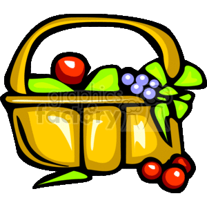 The clipart image depicts a vibrant yellow fruit basket filled with various fruits including red spherical fruits that could represent apples or tomatoes, a bunch of purple round fruits like grapes, and green leafy elements that may signify leaves or other green garnishments.