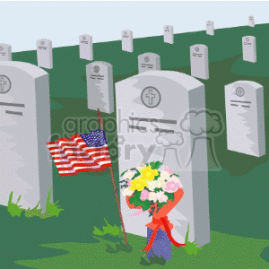 Clipart image of a military cemetery with gravestones, an American flag, and flowers, symbolizing Memorial Day.