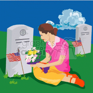 Illustration of a woman sitting beside two gravestones, each with an American flag, holding a bouquet of flowers, symbolizing Memorial Day.