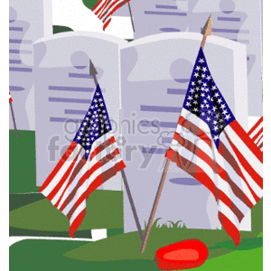 The clipart image shows a cemetery with rows of graves, possibly military graves, decorated with American flags. The image is likely related to Memorial Day, a holiday in the United States that honors and remembers those who died while serving in the country's armed forces.