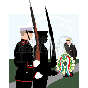 Illustration of military personnel standing in a cemetery with a soldier laying a wreath, symbolizing remembrance and honor.