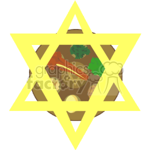 The clipart image features a Star of David, a symbol commonly associated with Judaism. Within the star, there appears to be a depiction of a Seder plate which is central to the Jewish holiday of Passover (Pesach). The Seder plate typically holds symbolic foods used during the Passover Seder, such as a shank bone, an egg, bitter herbs, charoset (a sweet, brown mixture representing mortar), karpas (vegetables, usually parsley or celery), and chazeret (additional bitter herbs).