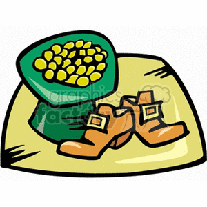 Cartoon image of a leprechaun's hat filled with gold coins and a pair of shoes, symbolizing St. Patrick's Day.