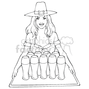   This is a black and white line drawing of a woman carrying a tray with several glasses, which could be beer glasses. She is wearing a hat with a buckle, potentially suggesting a theme related to Irish or Saint Patrick