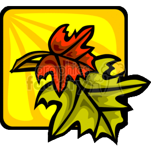 The clipart image features a collection of stylized autumn leaves in colors such as green, red, and orange. The leaves are set against a yellow background with radiating lines suggesting a light source or warmth, typical for fall-themed illustrations.