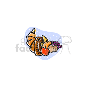   The clipart image depicts a cornucopia, also known as a horn of plenty, filled with autumnal fruits and harvest produce. Visible items include a pumpkin, an ear of corn, an apple, and grapes, which are traditional symbols of abundance and the Thanksgiving holiday. 