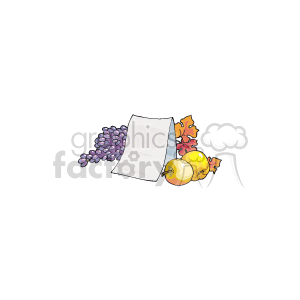 The clipart image features a bunch of purple grapes, two yellow apples, autumn leaves, and a blank sheet of paper or note. This imagery is associated with Thanksgiving or autumnal themes, suggesting the idea of harvest and gratitude.