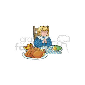 The clipart image depicts a young girl with her eyes closed and hands clasped together in a praying gesture. She is seated at a dinner table with a large roasted turkey on a plate in front of her, which is typical of a Thanksgiving dinner. Additionally, there are plates with fruit, including what appears to be a banana, an orange, and possibly grapes.