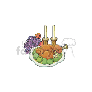   The clipart image portrays a typical Thanksgiving setting with a roasted turkey on a platter, surrounded by apples. In the background, there