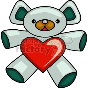 The image shows a cartoon teddy bear with a big red heart in front. The bear is a grayish green, with a brown nose.