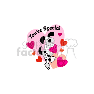 The clipart image features a happy dog centered in front of a large pink heart that says You're Special. The dog appears to be holding a smaller heart and is surrounded by multiple smaller hearts in shades of pink and red. The image conveys a sense of love and affection, commonly associated with Valentine's Day or expressing fondness to someone considered special.