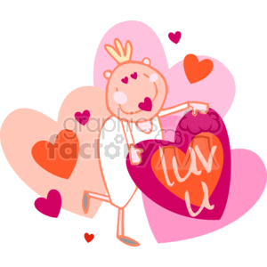   The clipart image depicts a whimsical, stylized young male or boy with a crown on his head, surrounded by a series of pink and red hearts. The largest heart, which the character is holding, has the stylized text luv u written inside, indicating a message of love. The festive colors and theme suggest that the image is meant to convey a sense of joy and affection related to Valentine