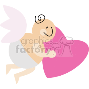 The clipart image features a stylized depiction of a cupid, which is typically represented as an angel or cherub associated with love, holding a large pink heart. The cupid has a joyful expression, wings, and a swirling hair or head decoration that signifies its angelic or mythical nature.