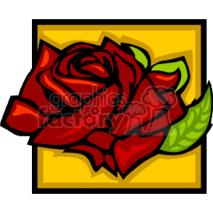   The clipart image contains a stylized red rose with green leaves against a yellow background. It is a simple yet vibrant representation of a rose, which is often associated with love and romance, making it suitable for holiday themes such as Valentine