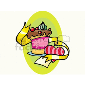 Colorful clipart of a cake with pink icing, chocolate topping, and decorative cherries, paired with a striped heart and a yellow ribbon, set against a green oval background.