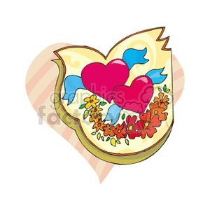 A festive clipart image featuring two large pink hearts, a blue ribbon, and colorful flowers set against a heart-shaped background.