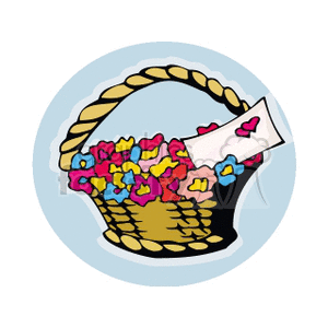 A festive clipart image of a basket filled with colorful flowers and a card with heart symbols, suitable for holidays and Valentine's Day themes.