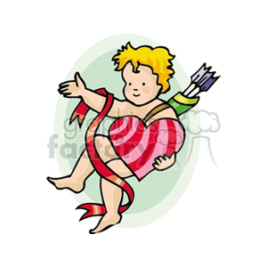 A cute cupid angel holding a heart, wrapped in a ribbon and carrying a quiver of arrows, symbolizing love and Valentine's Day.