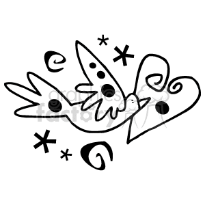 The image is a black and white clipart depicting a stylized bird, possibly a dove, in flight with a heart as part of its body or wings. Surrounding the bird are decorative elements such as swirls and stars, which add to the fanciful nature of the design.