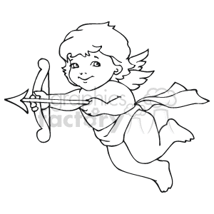   This is a black and white clipart image featuring a depiction of Cupid. The character represents a cherub or an angel with wings and is shown in a joyful or happy expression, flying while aiming an arrow with a bow. The image includes several elements associated with Valentine