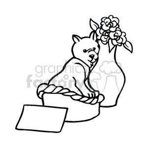   The clipart image features a cartoon-like drawing of a cat sitting inside a basket, with a vase of flowers placed next to it. There is also an empty tag or card in front of the basket, which could be used for a message or a name. The image likely represents themes of gift-giving or celebration, commonly associated with Valentine