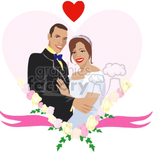 A clipart image of a bride and groom embracing, surrounded by flowers and a heart background with a red heart above.