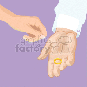 Illustration of two hands in a wedding ceremony, where one hand is placing a gold ring on the other's palm.