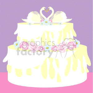 A decorative wedding cake with two swans and floral embellishments on a purple background.