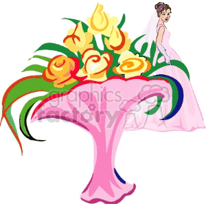 Colorful clipart image of a bride in a pink wedding gown next to a large bouquet of yellow and orange flowers.