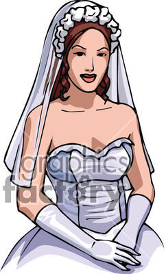 A black and white clipart image of a bride wearing a wedding dress and veil.