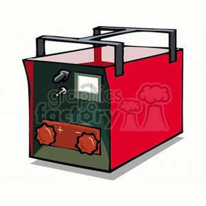 Illustration of a red battery charger with a meter, knobs, and a switch.