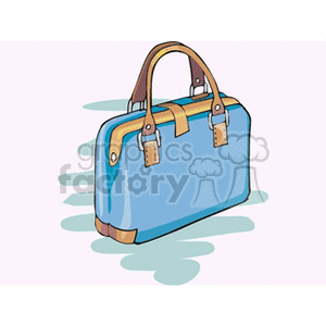 A clipart illustration of a blue and tan handbag with handles, depicted on a light background.