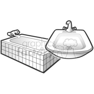   This clipart image features a bathtub and a bathroom sink. The bathtub is adorned with a tiled exterior, and there are soap bubbles depicted at one end, suggesting it