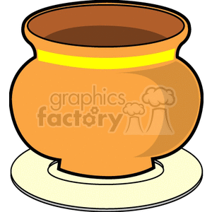 Illustration of a brown pottery pot with a yellow stripe, placed on a beige saucer.