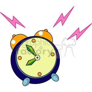 Illustration of a ringing classic alarm clock with bells and sound waves.