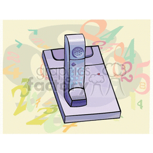 Clipart image of a cordless phone on a base with colorful numbers in the background.