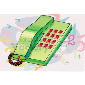 A clipart image of a green landline telephone with red buttons and a coiled cord, featuring colorful numbers in the background.