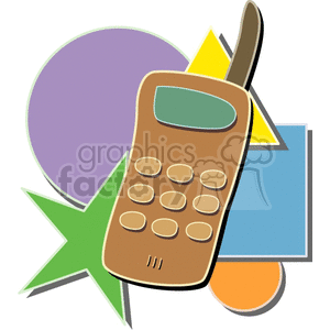 Colorful clipart image of a vintage cellular phone with geometric shapes in the background.