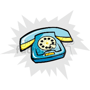 A cartoon-style image of a blue rotary telephone with yellow accents, symbolizing vintage household electronics.