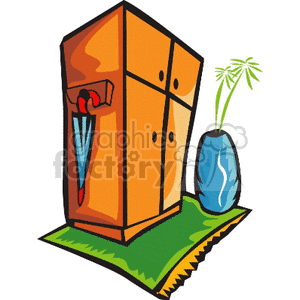 A vibrant clipart image depicting a wooden wardrobe with doors and handles, a pair of umbrellas hanging on the side, a blue vase, and a plant, all placed on a green rug.