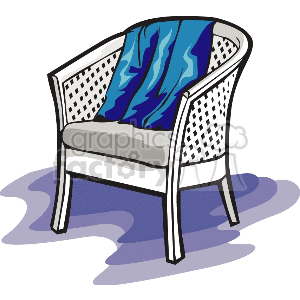 This clipart image features a wicker chair with a blue throw draped over its back. The chair casts a shadow on the purple floor beneath it.